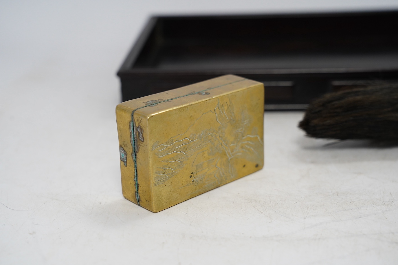 Literati interest: a Chinese probably zitan tray, a calligraphy brush and a brass ink box, 19th/20th century, tray 28 x 19cm. Condition - fair